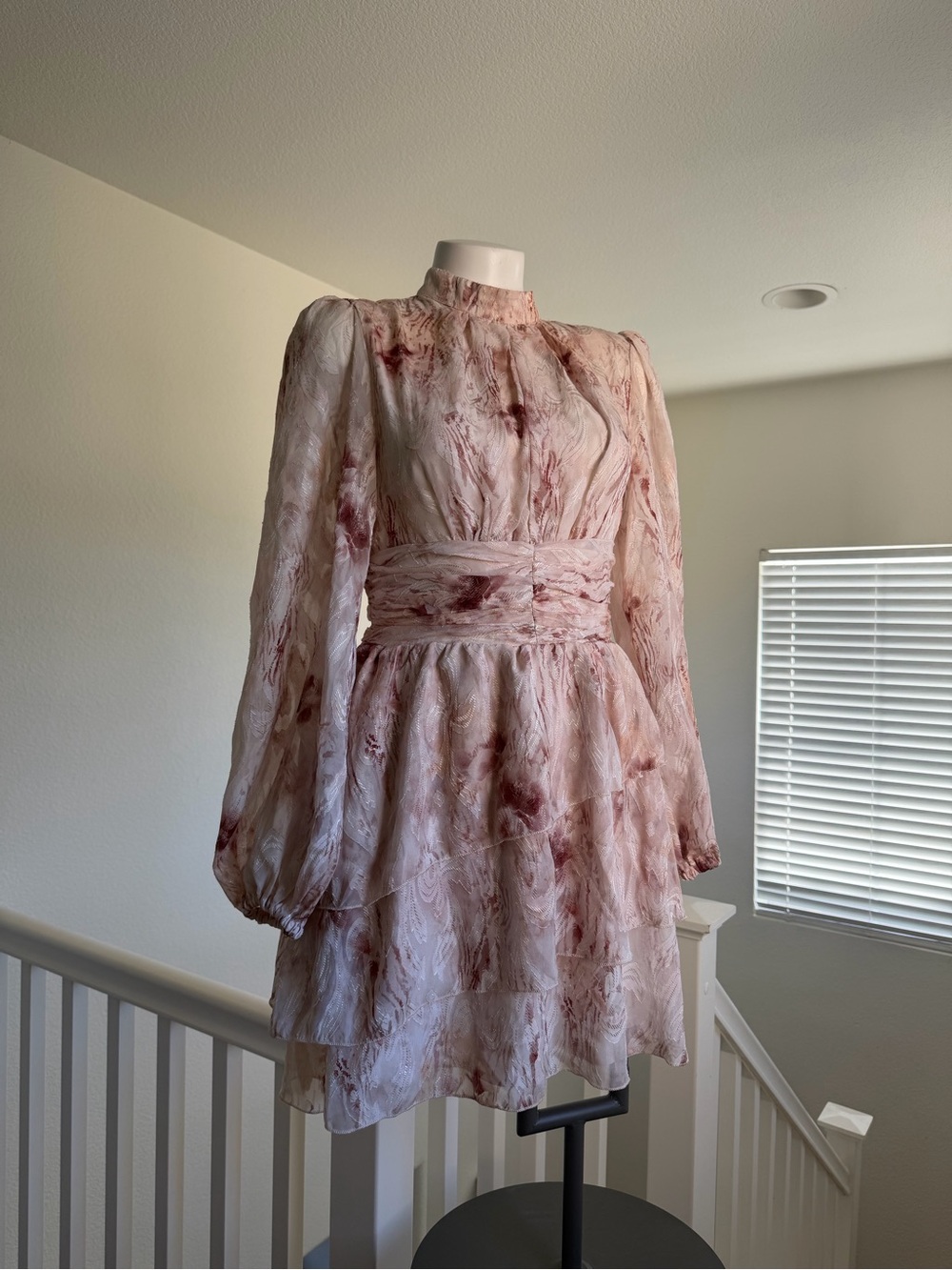 Women's Pink Floral Long-Sleeve Tiered Mini Dress
